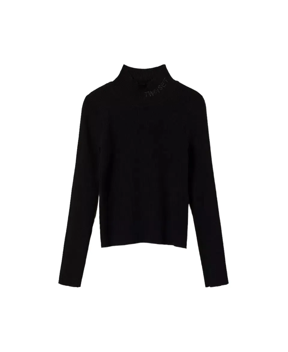 Maglia lupetto nera a coste per bambina