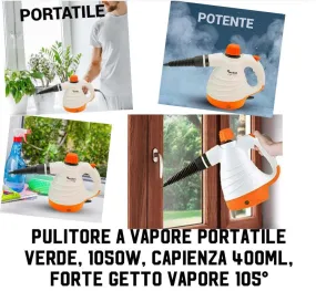 Pulitore A Vapore Portatile Verde, 1050W, Capienza 400ml, Forte Getto Vapore 105°